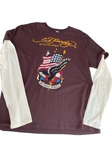 Ed Hardy By Christian Audigier Eagle USA flag Brown T-Shirt Beige-Long Sleev XXL