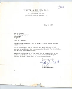 Waitt & Bond Newark NJ Blackstone Cigar 1950 membrete tabaco 8,5" x 11" - Imagen 1 de 2