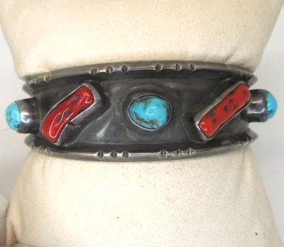 Antique Navajo Turquoise and Coral Handmade Bangle 1960 Signed - Image 1 of 4