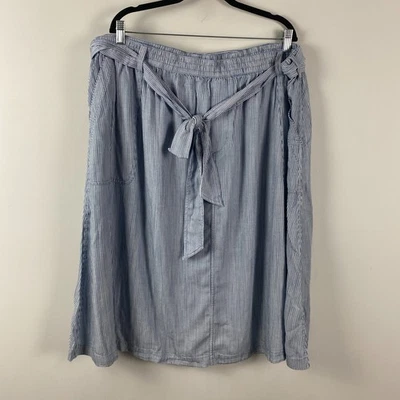 Lands End Midi Skirt Size 3X Blue White Stripe Belted Pockets Lyocell - Image 1 of 4