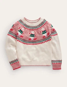 Mini Boden Kids' Fair Isle Sweater Ecru Marl Skiing Mice Girls 7-8 YO - Picture 1 of 7