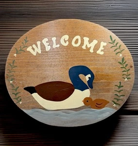 Vintage Wooden Welcome Sign Mallard Duck Wall Plaque Rustic Handmade 87’ Signed - Picture 1 of 7