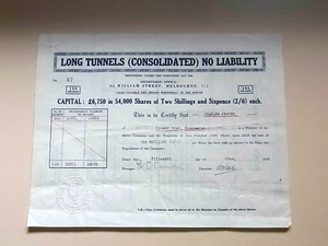 Share Scrip - Mining. 1939 Long Tunnels (Consolidated) N/L.. (Gippsland?? Vic) - Picture 1 of 1