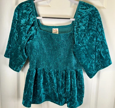 Belle Du Jour Crushed Velvet Sq 颈部 Smock 衬衫 尺寸 L 波西米亚农民豪华蓝绿色 — 第 1/4 张图片