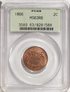 1866 2c PCGS MS 63 RB OGH ~ ATTRACTIVE PQ TWO CENT COPPER - Picture 1 of 2