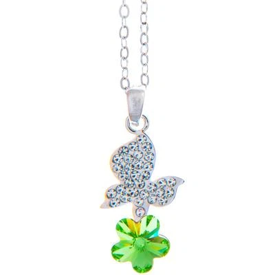 16" Rhodium Plated Necklace w/ Butterfly, Flower & Green Crystals, Perfect Gift - Image 1 of 4