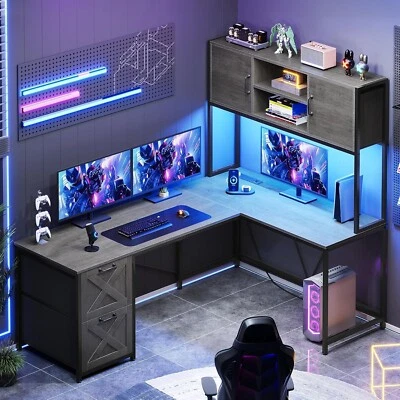 L Shaped Computer Desk with LED Light, Farmhouse Home Office Desk with 2 Drawers - Image 1 of 4