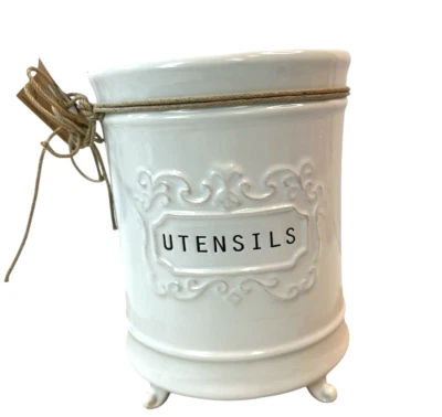 Soporte para utensilios de cocina Mud Pie Circa blanco cerámica 6,5" H x 4,75" diámetro 2014 Foto 1 de 4