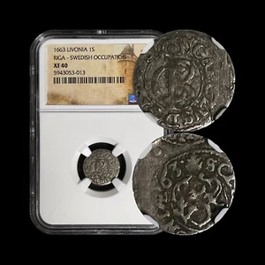LIVONIA. 1663, 1 Solidus, Silver - NGC XF40 - Carl XI, Sweden, Riga, Griffin 013 - Picture 1 of 5