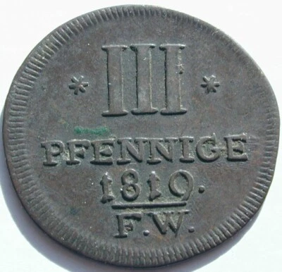 RARE 1819 FW 3 PFENNIGE WALDECK PYRMONT AE25 3.11g 11h KM96 VF+/VF FREE SHIPPING - Image 1 of 2