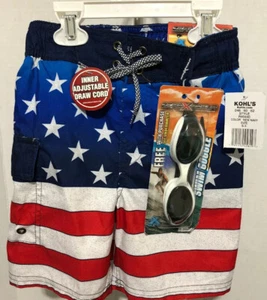 ZeroXposur Boys Small/4 Americana Stars/Stripes Swim Trunks w/ Free Goggles NWT - Picture 1 of 4
