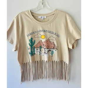 Sz M Desert Adventure Club Graphic Crop Tee with Fringe Trim Short Sleeve Top - Picture 1 of 6