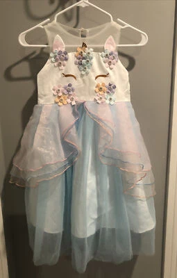 Unbranded Unicorn Flower Girl Chiffon Dress Holiday Pink Blue Tulle Princess - Image 1 of 4