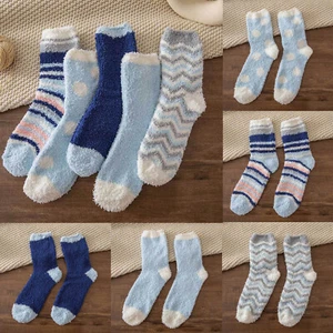 Women Autumn And Winter Striped Polka Dot Coral Fleece Warm Thick Home Socks - Picture 1 of 36