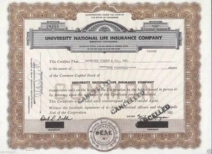 UNIVERSITY NATIONAL LIFE INSURANCE COMPANY YEAR 1963 100 SHARES BROWN STOCK - Picture 1 of 2