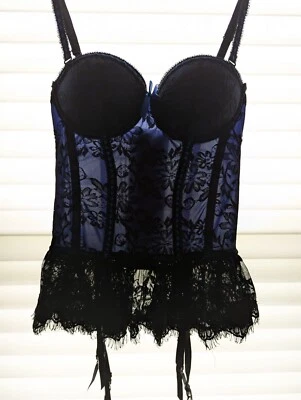 Gorgeous Seven 'til Midnight Navy & Black Sheer Bustier With Multiway Garters  S - Image 1 of 4