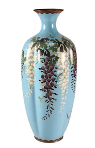 Meiji Antique Japanese Asian Cloisonne Pinched Lobed 9" Wisteria Flowers Vase - Picture 1 of 24