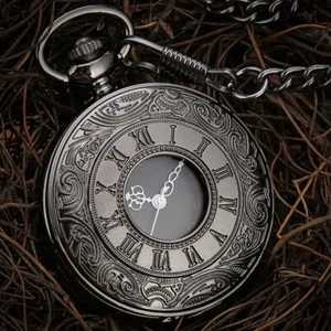 Mens Analog Quartz Pocket Watch Chain Black Case Pendant Necklace Modern Gift - Picture 1 of 11