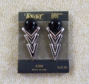 NEW VINTAGE TRIFARI ~ SILVER TONED / BLACK DANGLE ~ PIERCED EARRINGS - Picture 1 of 9