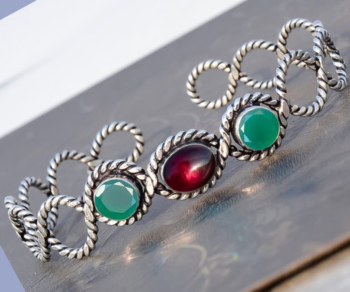 VALENTINO Garnet & Green Onyx Gemstone 925 Sterling Silver Bangle Cuff For Anyone Gift