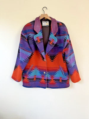 PIONEER WEAR Navajo Aztec Jacket VTG Wool Suede USA Size 14 Purple Blue Orange - Image 1 of 4