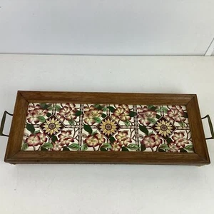 Vintage Wooden Frame Floral Tile Tray 51cm (H5) S#585 - Picture 1 of 9
