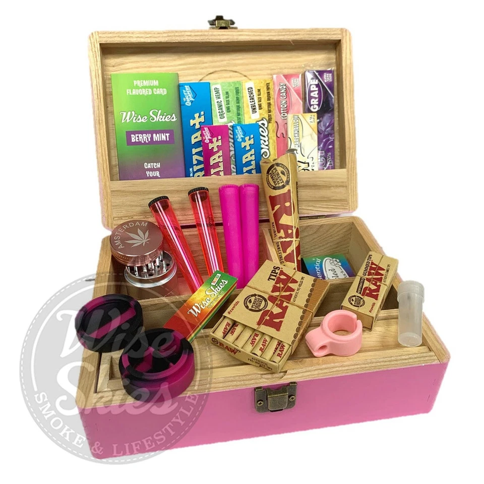Wise Skies Jumbo Pink Rolling Box Set Large Storage Box Raw Papers Crusher Tips
