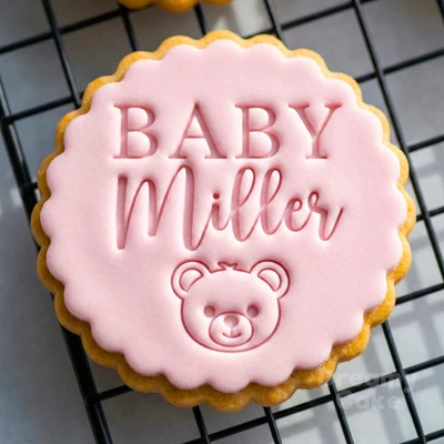 DREAMY CAKE Custom Baby Name Bear Cookie Biscuit Stamp | Baby Shower Fondant Embosser M&S