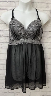 Camisola sexy cacique 14/16 preta prata renda lingerie transparente roleplay neglige - Imagem 1 de 4