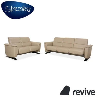 Stressless Panorama Set Leather Three-Seater + Two-Seater Beige Sofa Couch - Image 1 of 4