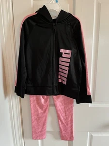 Puma Hoodie Leggings Set Girls 5 Athletic Full Zip 2 Piece Outfit Pink Black New - Picture 1 of 6