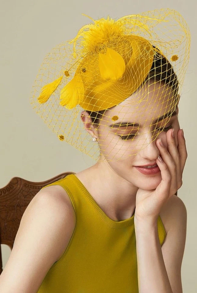 Pastillero Dorado Fascinador Mujeres Sombrero Boda Fiesta del Té Pluma Velo Diadema Clip Foto 1 de 4