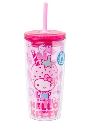 Новый клубничный тамблер Sanrio Hello Kitty 20 унций розовый серебристый буйвол - Изображение 1 из 4