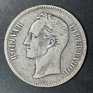 VENEZUELA 1889 Silver Coin FUERTE 5 Bolivares Bs .900 37.2mm 25gr KM#24 Bolivar - Foto 1 di 2
