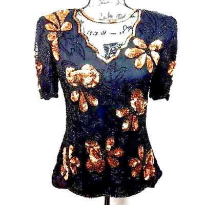 Top de Colección Stenay Seda Lentejuelas Cuentas Pequeño Floral Negro Dorado Regencycore Gótico Foto 1 de 4