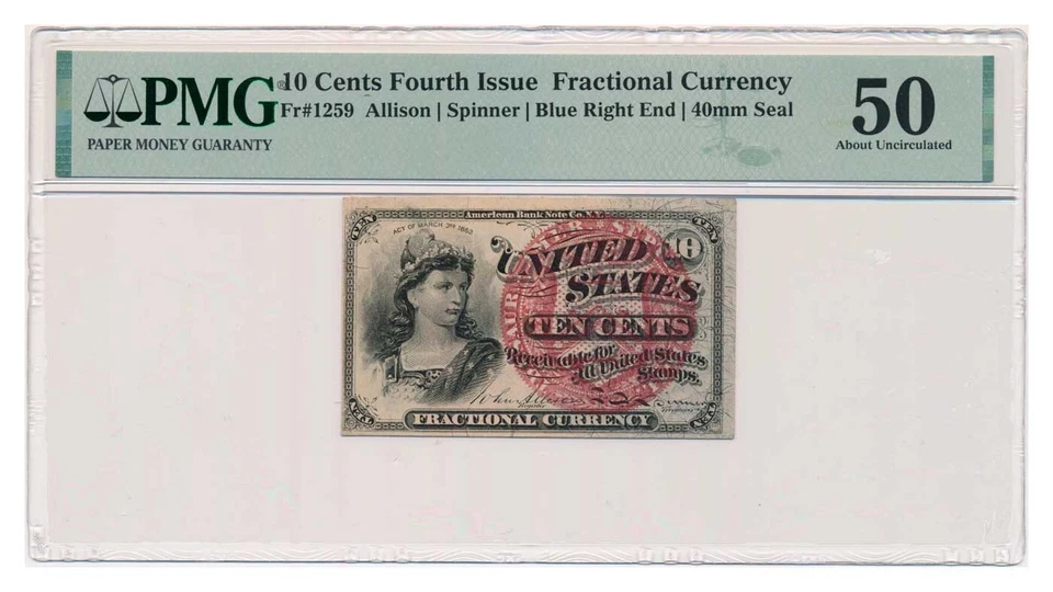 UNITED STATES banknote 10 Cents 1869 PMG grade AU 50 About Uncirculated - Image 1 of 4