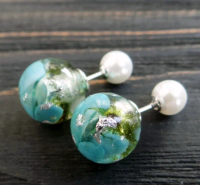 Double sided Turquoise Jacket earrings Front back Freshwater Pearl studs Pair - Image 1 of 4