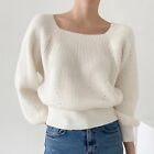 Womens Elegant Square Neck Long Puff Sleeves Loose Knitted Sweater Short Jumper