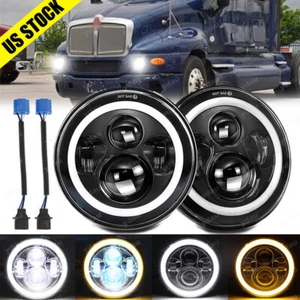 For Kenworth T2000 Pair 7" Inch Round LED Headlight Hi Lo Beam Halo Angel Eye - Picture 1 of 8