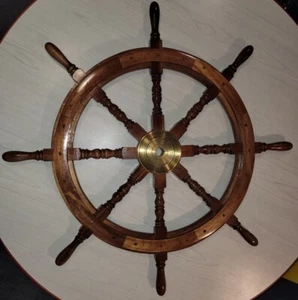 24" Wooden Wall Decor Nautical Ship Brass Steering Wheel Pirate Wood  - Picture 1 of 3