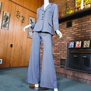 Vtg 70s Mod Youthquake High Waist Knit Graphic Bellbottom Pants Suit Pantsuit S - Picture 1 of 9