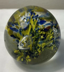 Vintage Yellow And Blue swirl Art glass Paperweight - Picture 1 of 3