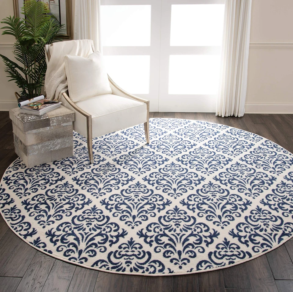 Nourison Grafix Damask White/Blue 8' x Round Area Rug, Easy Cleaning, Non - Image 1 of 4