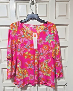 Jude Connally Daniella Pullover Top Colorato Twirling Fiori di Pavone Retrò XL - Foto 1 di 10