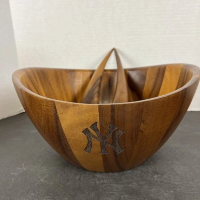 nambe Gourmet Harmony 3 Piece Wooden Salad Bowl Set - NY Yankee emblem - Image 1 of 4