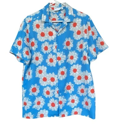 Asos Men Blue Daisy Button Up Shirt Small Floral Print Short Sleeve Casual Retro - Image 1 of 4