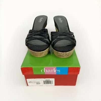 Sandalias de cuña de corcho negras sin cordones Charles David Pippi para mujer con caja (8) Foto 1 de 4