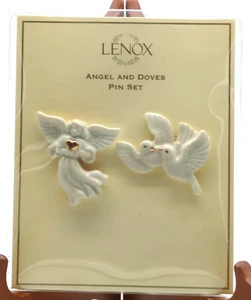 Lenox Angel and Doves Pin Brooch Set Porcelain 24k Gold Trim NEW - Picture 1 of 8