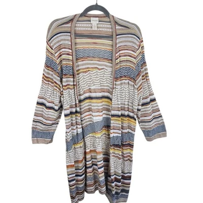 Cárdigan Chico's Mezcla Algodón Rayas Tejido Abierto Manga Larga Línea Abierto Talla XL Foto 1 de 4