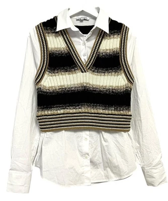 Veronica Beard Sweater Vest Shirt Combo Womens Small Merino Black Tan Striped - Image 1 of 4